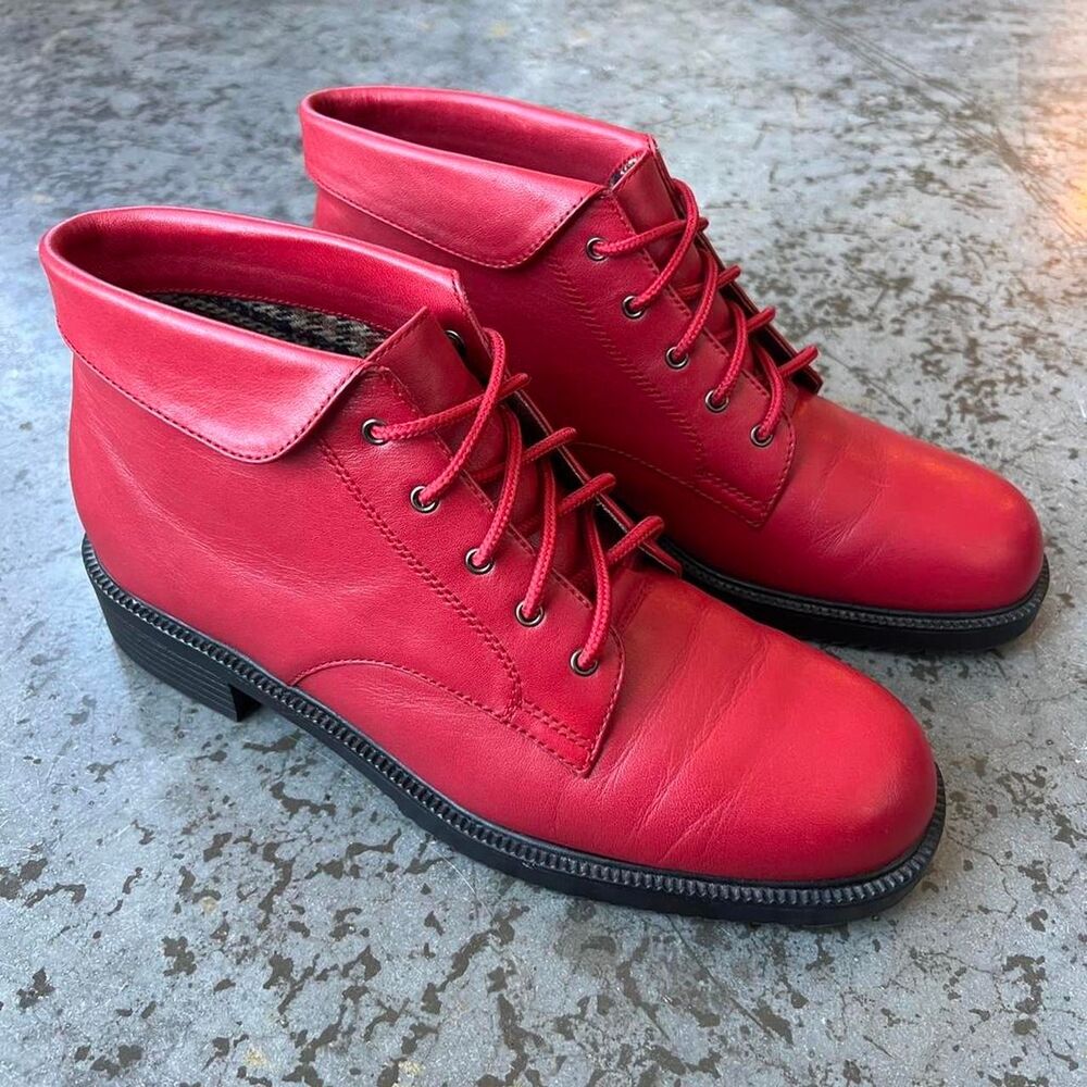 Vintage Danexx Red Leather Lace Up Ankle Boots Plaid Lined 8.5 M - Picture 2 of 8